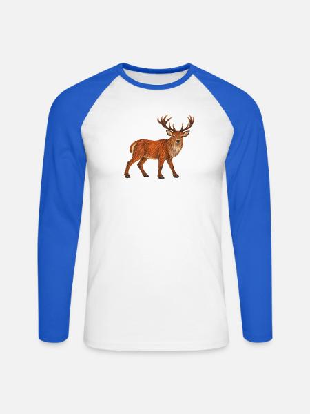 Rothirsch im Wald abgebildet - Unisex Baseballshirt langarm - Weiß/Royalblau