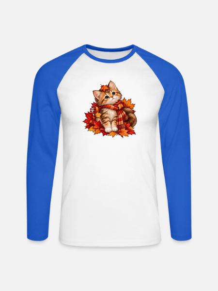 Herbstkätzchen im Blättermeer - Unisex Baseballshirt langarm - Weiß/Royalblau