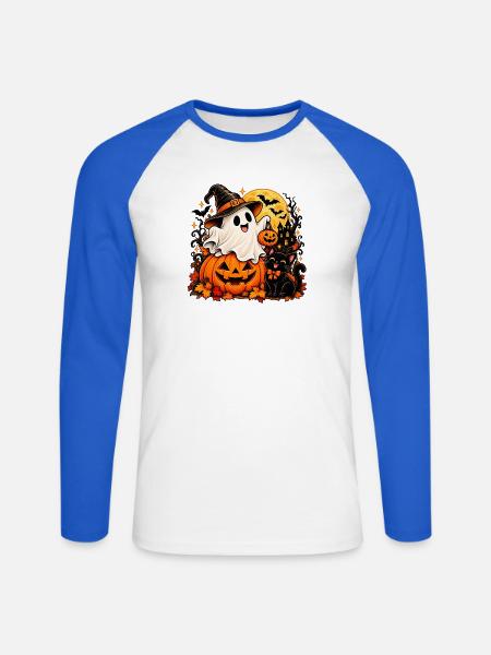 Süßer Halloween-Geist & Schwarze Katze - Unisex Baseballshirt langarm - Weiß/Royalblau