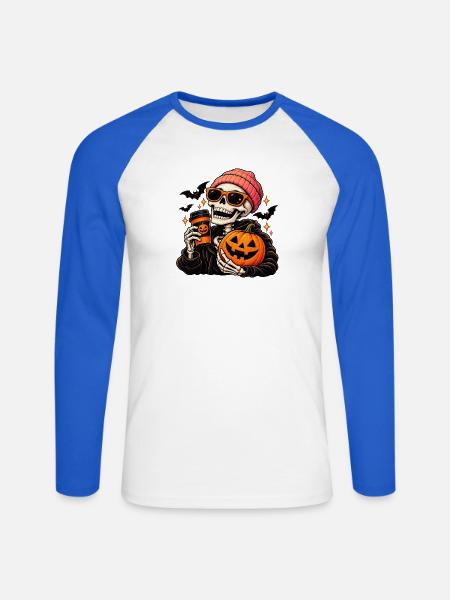 Kühler Skelett-Kürbiskaffee - Unisex Baseballshirt langarm - Weiß/Royalblau