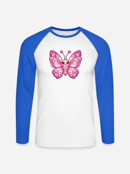 Kawaii-Rosa Schmetterling mit Herzen - Unisex Baseballshirt langarm - Weiß/Royalblau