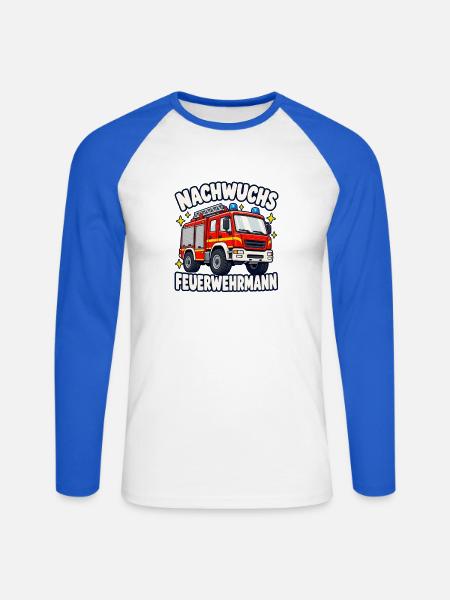 Nachwuchs Feuerwehrmann mit Feuerwehrauto - Unisex Baseballshirt langarm - Weiß/Royalblau
