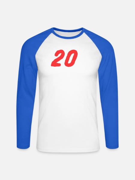 Nummer 20 fett in Rot - Unisex Baseballshirt langarm - Weiß/Royalblau