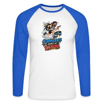 Zu spät läuft Cardio-Spaß - Unisex Baseballshirt langarm - Weiß/Royalblau - Vorne - Nik (191cm)