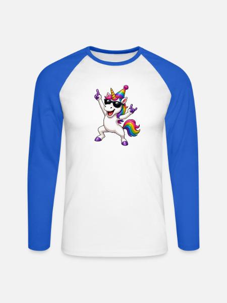 Regenbogen-Einhorn Partylook - Unisex Baseballshirt langarm - Weiß/Royalblau