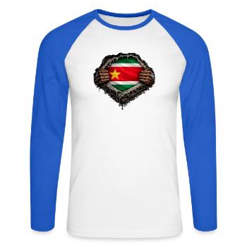 Flagge von Guadeloupe Hyper Realistische Streetwear - Unisex Baseballshirt langarm - Weiß/Royalblau - Vorne - Nik (191cm)