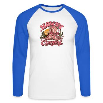 Vintage-rosa Howdy Lady Cowboy-Stiefel - Unisex Baseballshirt langarm - Weiß/Royalblau - Vorne - Nik (191cm)
