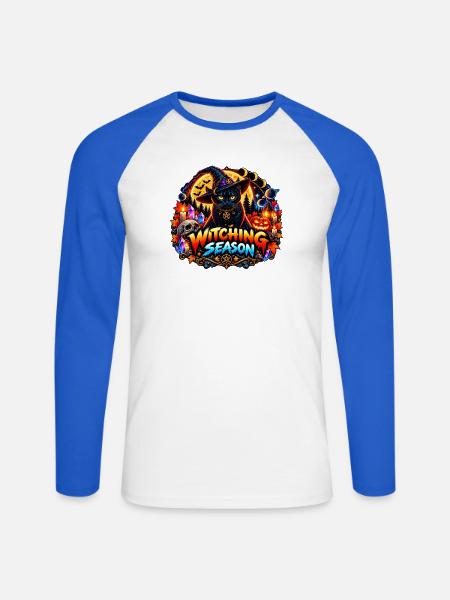 Hexenzeit – Kosmische Halloween-Katze - Unisex Baseballshirt langarm - Weiß/Royalblau