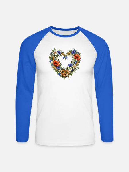 Alpenblumenherz mit Brezel & Edelweiß - Unisex Baseballshirt langarm - Weiß/Royalblau