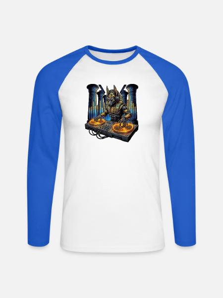DJ Anubis an den Turntables - Unisex Baseballshirt langarm - Weiß/Royalblau