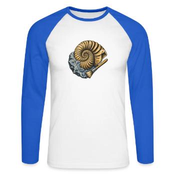 Ammonitfossil und Gebüsch - Unisex Baseballshirt langarm - Weiß/Royalblau - Vorne - Nik (191cm)