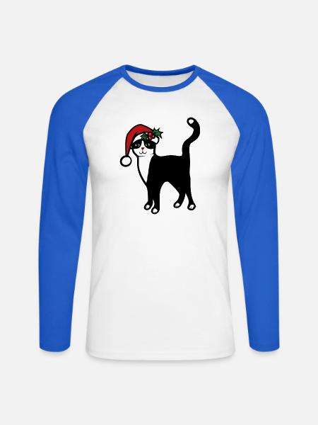 Weihnachtsmann-Katze mit Stechpalme - Unisex Baseballshirt langarm - Weiß/Royalblau