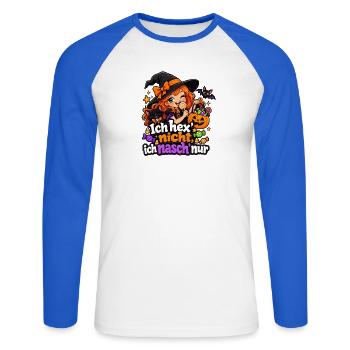 Ich hex’ nicht, ich nasch’ nur - Unisex Baseballshirt langarm - Weiß/Royalblau - Vorne - Nik (191cm)