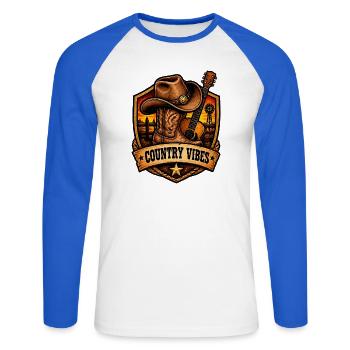 Country Vibes Western Sunset Shield - Unisex Baseballshirt langarm - Weiß/Royalblau - Vorne - Nik (191cm)