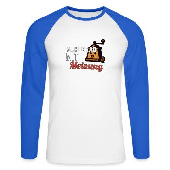 Hobby-Barista Geschenk für die erste Brühstation - Unisex Baseballshirt langarm - Weiß/Royalblau - Vorne - Nik (191cm)