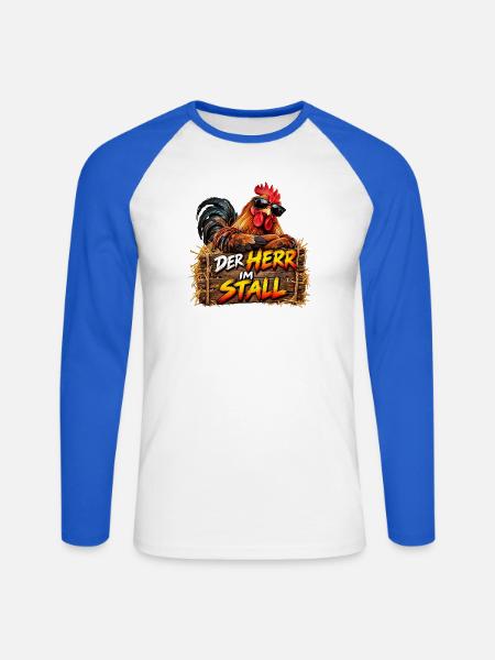Der Herr im Stall – peppiger Hahn - Unisex Baseballshirt langarm - Weiß/Royalblau