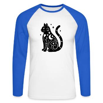 Magische Katze - Schwarz mit Sternen - Unisex Baseballshirt langarm - Weiß/Royalblau - Vorne - Nik (191cm)