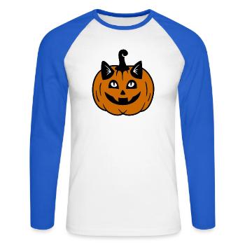 Halloween Katze Kürbiskopf - Unisex Baseballshirt langarm - Weiß/Royalblau - Vorne - Nik (191cm)