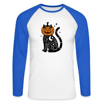 Halloween Katze Kürbiskostüm - Mit Sternen - Unisex Baseballshirt langarm - Weiß/Royalblau - Vorne - Nik (191cm)