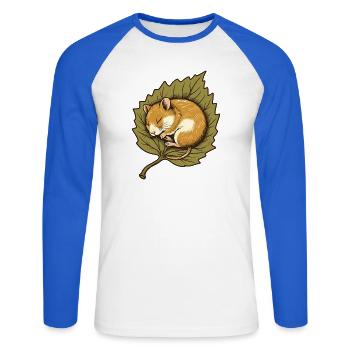 Haselmaus im Herbstblatt - Unisex Baseballshirt langarm - Weiß/Royalblau - Vorne - Nik (191cm)
