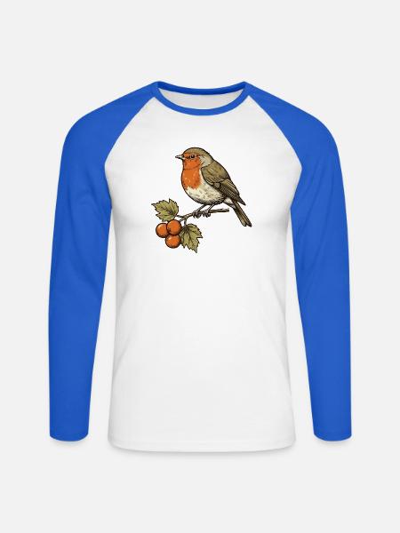 Rotkehlchen an Herbstbeeren - Unisex Baseballshirt langarm - Weiß/Royalblau