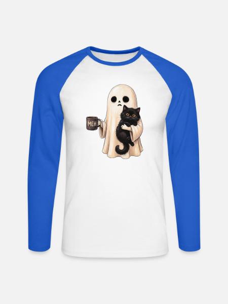 Meh-Geist mit Katzenbecher - Unisex Baseballshirt langarm - Weiß/Royalblau
