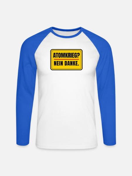 Atomkrieg? Nein danke. – Schild Aufkleber-Look - Unisex Baseballshirt langarm - Weiß/Royalblau