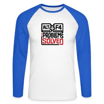 ALT+F4: Probleme gelöst – Geek & Tech Humor - Unisex Baseballshirt langarm - Weiß/Royalblau - Vorne - Nik (191cm)