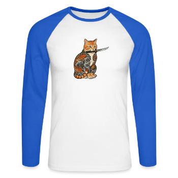 Tattoo Katze mit Messer - Unisex Baseballshirt langarm - Weiß/Royalblau - Vorne - Nik (191cm)