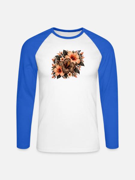 Leopardblüten Tropenbouquet - Unisex Baseballshirt langarm - Weiß/Royalblau