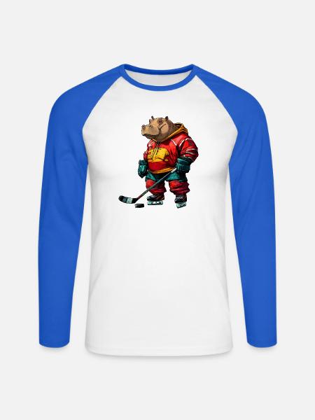 Nilpferde Eishockeyspieler / Hockey Flusspferd - Unisex Baseballshirt langarm - Weiß/Royalblau