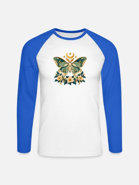 Motten-Himmlische Floral - Unisex Baseballshirt langarm - Weiß/Royalblau