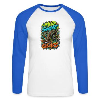 Mud Sweat and Gears Motocross Illustration - Unisex Baseballshirt langarm - Weiß/Royalblau - Vorne - Nik (191cm)