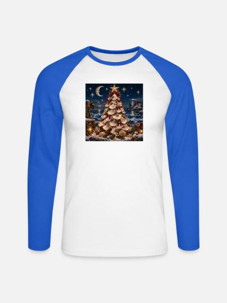 Muschel-Weihnachtsbaum am Meer - Unisex Baseballshirt langarm - Weiß/Royalblau