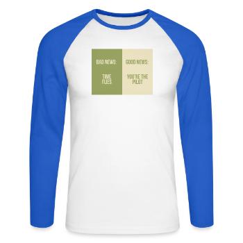 Bad News Good News – Time Flies - Unisex Baseballshirt langarm - Weiß/Royalblau - Vorne - Nik (191cm)