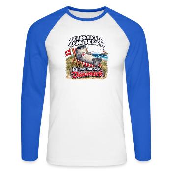 Dänemark-Urlaubswitz am Strand - Unisex Baseballshirt langarm - Weiß/Royalblau - Vorne - Nik (191cm)