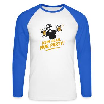 Kein Plan, Nur Party - Bierlaune - Unisex Baseballshirt langarm - Weiß/Royalblau - Vorne - Nik (191cm)