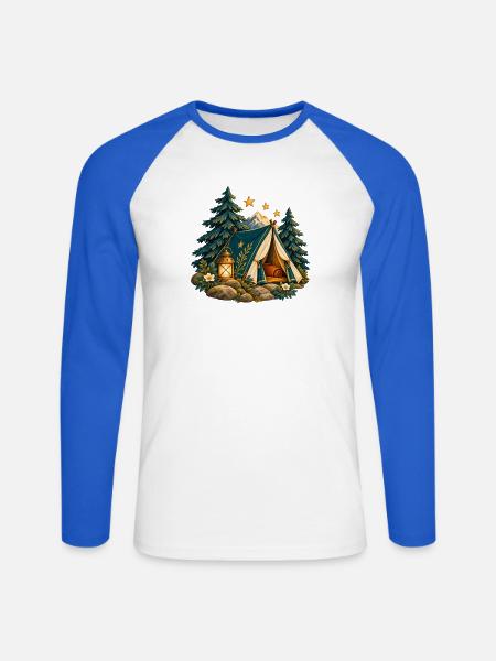 Lager zwischen Kiefern und Sternen - Unisex Baseballshirt langarm - Weiß/Royalblau