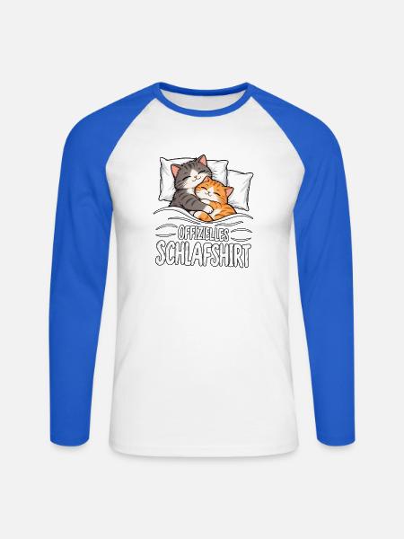 Schlafshirt Katze - Unisex Baseballshirt langarm - Weiß/Royalblau
