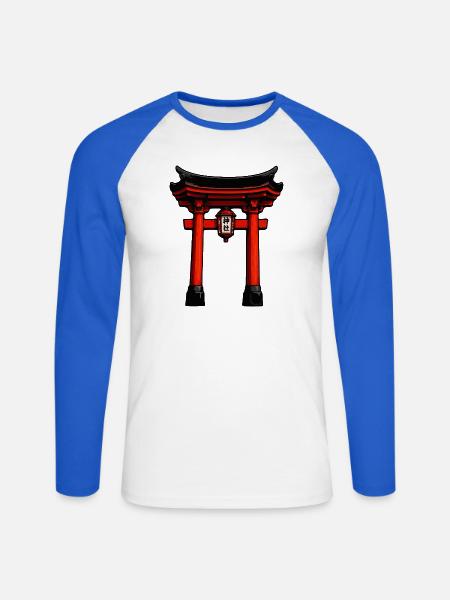 Roter Torii mit Laterne - Unisex Baseballshirt langarm - Weiß/Royalblau