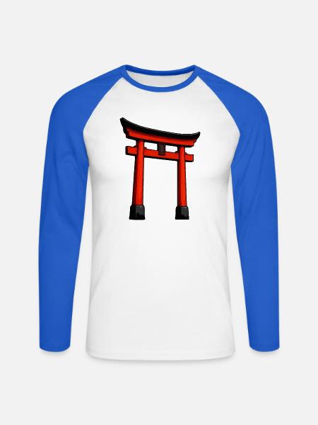 Roter Shinto-Torii Türbogen - Unisex Baseballshirt langarm - Weiß/Royalblau