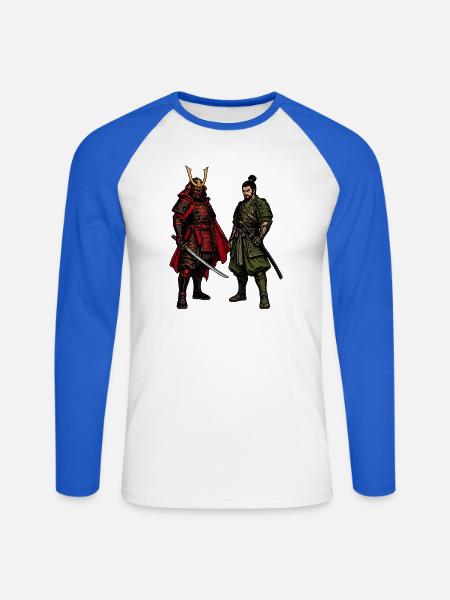 Roter und Grüner Samurai-Kontrast - Unisex Baseballshirt langarm - Weiß/Royalblau