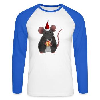 Weihnachtsratte mit Geschenk - Ohne Text - Unisex Baseballshirt langarm - Weiß/Royalblau - Vorne - Nik (191cm)
