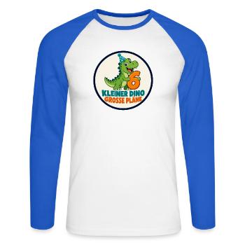 6 Geburtstag – Kleiner Dino große Pläne - Unisex Baseballshirt langarm - Weiß/Royalblau - Vorne - Nik (191cm)