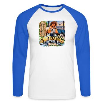 Fluglotse gezeigt - Unisex Baseballshirt langarm - Weiß/Royalblau - Vorne - Nik (191cm)