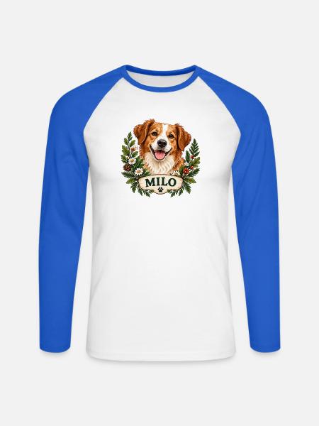 Hund Milo mit Blumenkranz - Unisex Baseballshirt langarm - Weiß/Royalblau