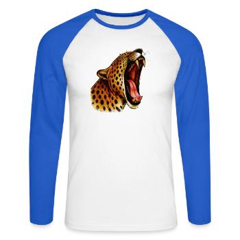 Intensive-farbger Leopardenkopf Roar - Unisex Baseballshirt langarm - Weiß/Royalblau - Vorne - Nik (191cm)