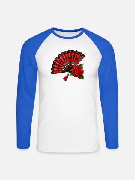 Spanischer Fächer mit Rose - Unisex Baseballshirt langarm - Weiß/Royalblau