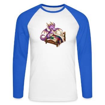 Lila Drache auf Quiltbett - Unisex Baseballshirt langarm - Weiß/Royalblau - Vorne - Nik (191cm)
