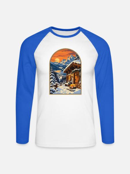 Alpenchalet bei Sonnenuntergang Reiseplakat - Unisex Baseballshirt langarm - Weiß/Royalblau